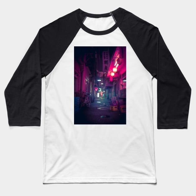 Synthwave Tokyo Neon Underworld Red Lantern in narrow dark alley Baseball T-Shirt by TokyoLuv